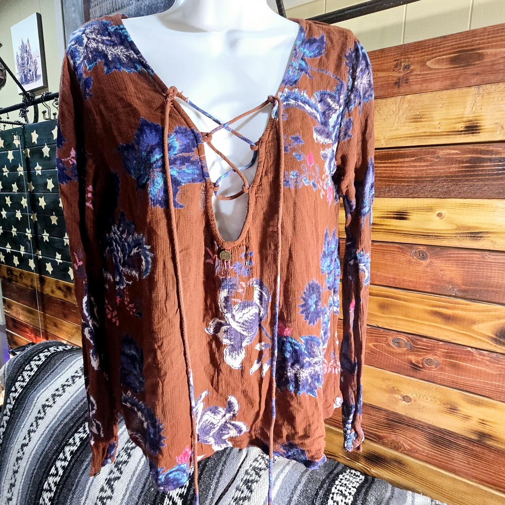 Billabong Reversible Lace Up Floral Gauze Blouse XS Terracotta Blue Whimsigoth